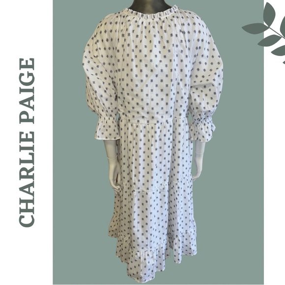 Charlie Paige Relaxed Fit Cotton Dress 3/4 Length Sleeve Tassel White Dark Blue - Picture 5 of 10